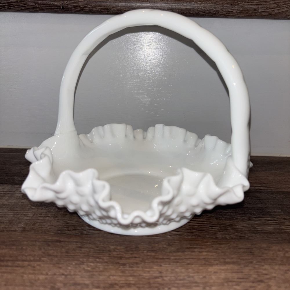Vintage Fenton Hobnail White Milk Glass Ruffled Edges Basket with Handle